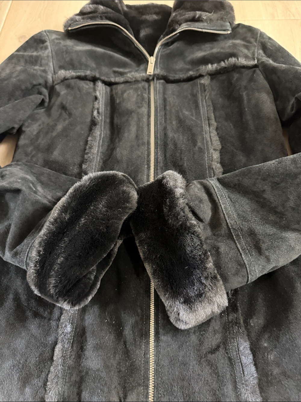 Wilson’s Leather Vintage Suede-Look Shearling Fur Trim Jacket Black Size Small - Picture 4 of 9